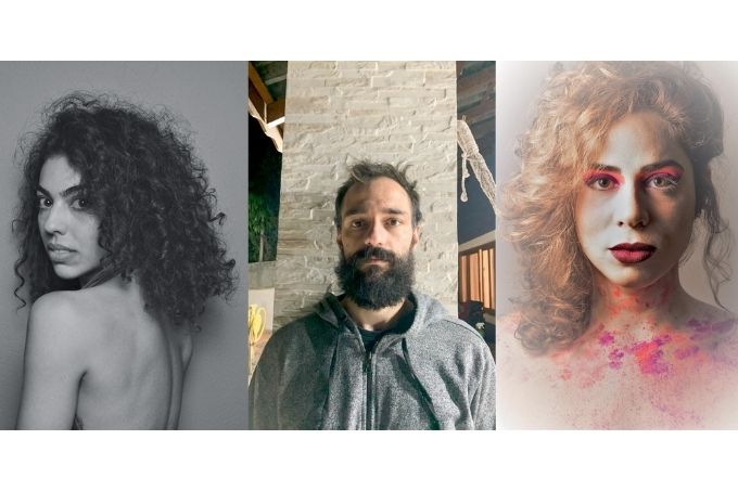 Montagem reúne três fotos. A primeira está em preto e branco e tem uma mulher sem blusa e de costas olhando para a câmera. A do meio é uma selfie de um homem de barba. A última é uma mulher ruiva com tinta laranja e roxa no rosto