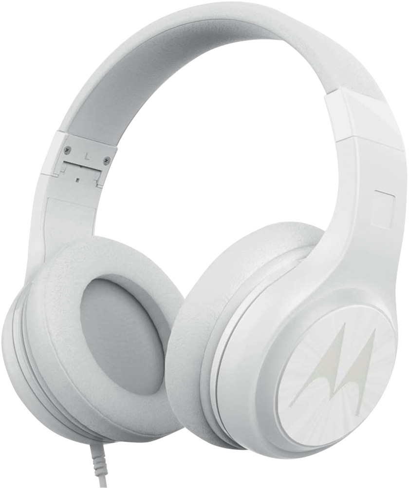 Um fone de ouvido modelo grande branco. Tem o s&iacute;mbolo da Motorola estampado