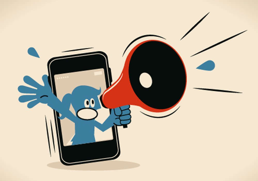 Ilustração mostra uma mulher com um megafone gritando. Ele sai de dentro de um celular