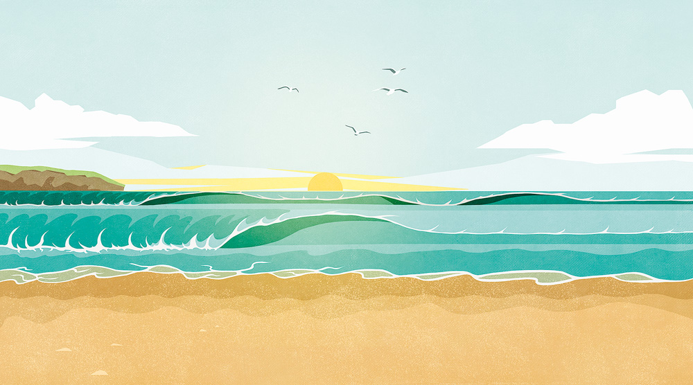 desenho de praia com mar com ondas e sol ao fundo