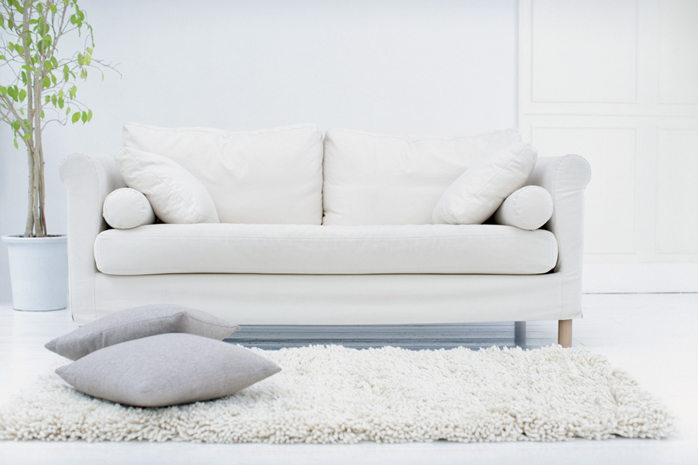 Stylish living room Uma sala de estar com tons de branco. Tem um sofá, duas almofadas no chão e um tapete de pelinhos