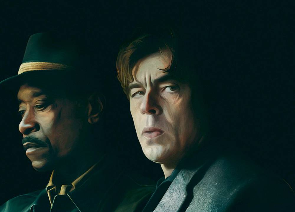 A imagem mostra uma foto com filtro de pintura de Don Cheadle e Benicio del Toro. Eles vestem roupas grandes sociais e apresentam expressões sérias