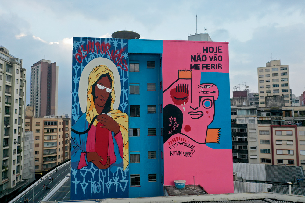 olhai-por-nós-grafite-minhocão imagem de grafite pintado em fachada de prédio adjacente ao minhocão