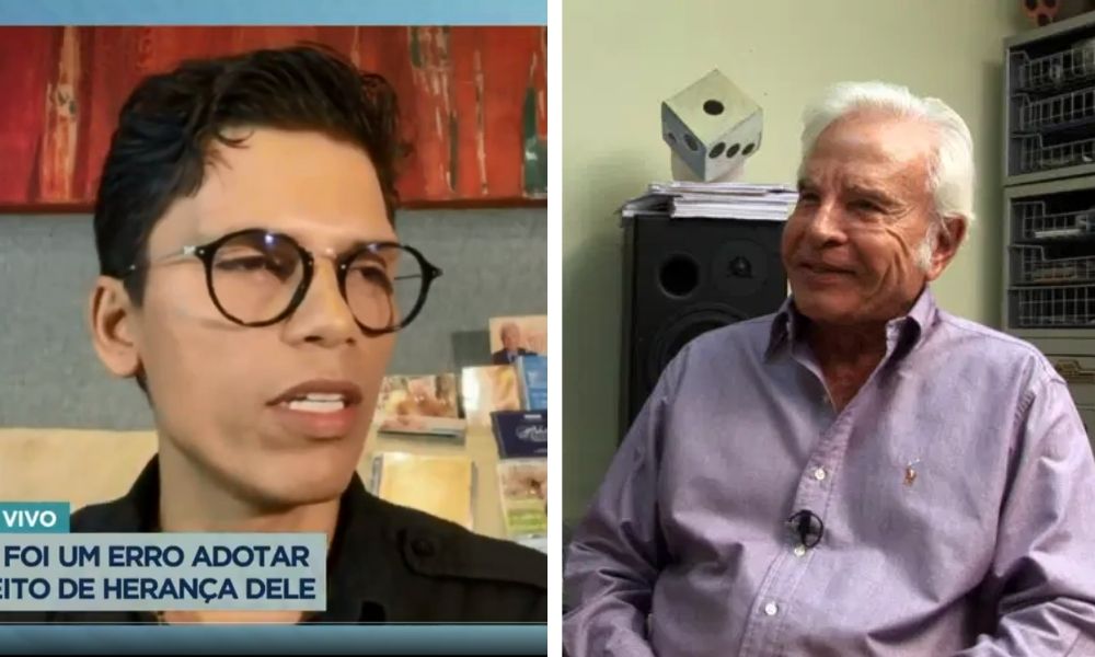 A montagem mostra duas imagens, à esquerda, o rosto do filho de Cid Moreira, Roger, e à direita o próprio jornalista.