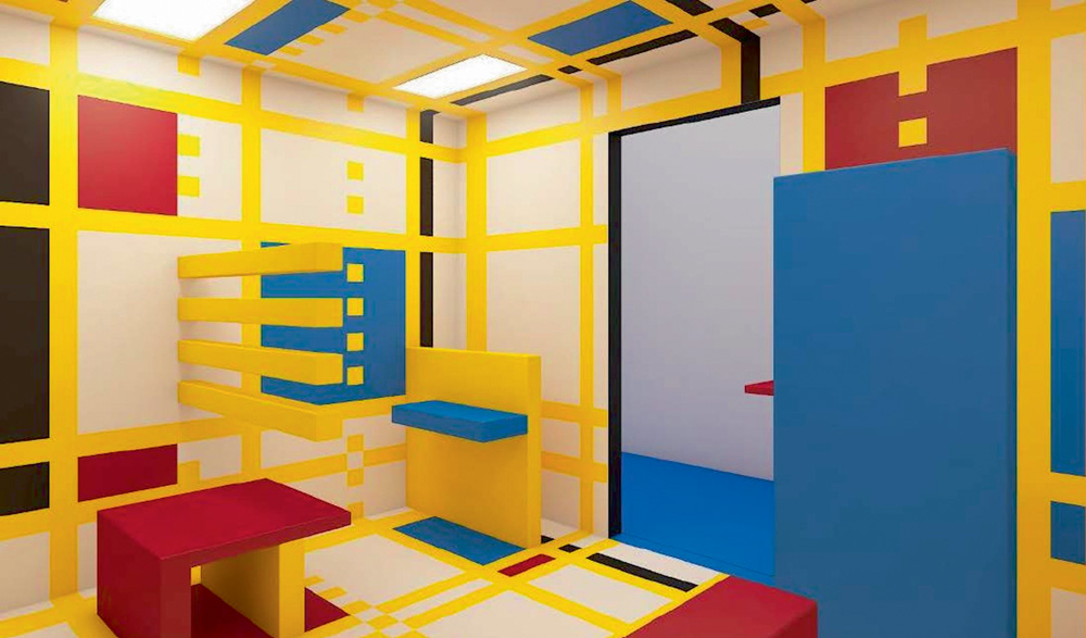 Sala das Formas – Mondrian.jpg Projeto em computação de uma exposição. Uma sala é estampada nas cores azul, amarelo e vermelho e formas quadradas