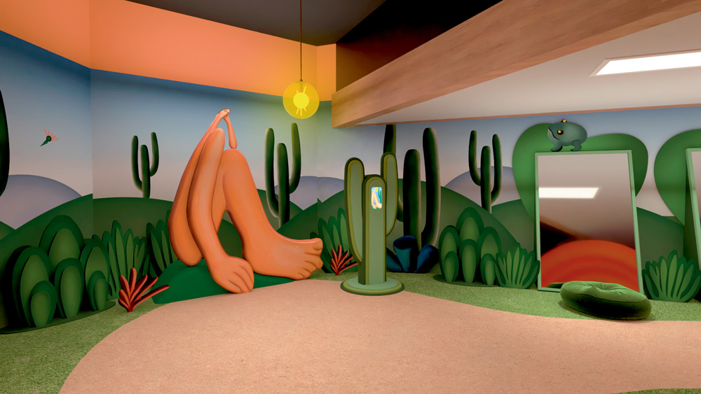 Villa Lobos_ Tarssila para Criaças 11.jpg Sala tem desenhos de Tarsila do Amaral na parede, com destaque para o personagem Abaporu