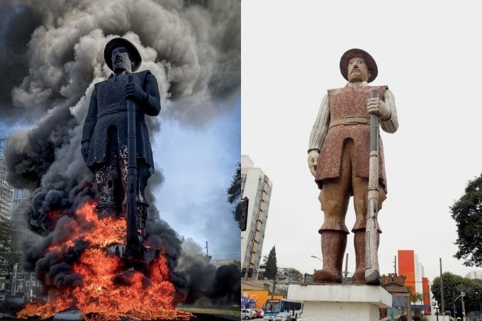 antes-depois-incêndio-estátua-borba-gato-discussão-homenagem-figuras-contestadas.jpg imagem dividida em duas. à esquerda, estátua de borba gato em chamas, à direita, estátua de borba gato antes das chamas