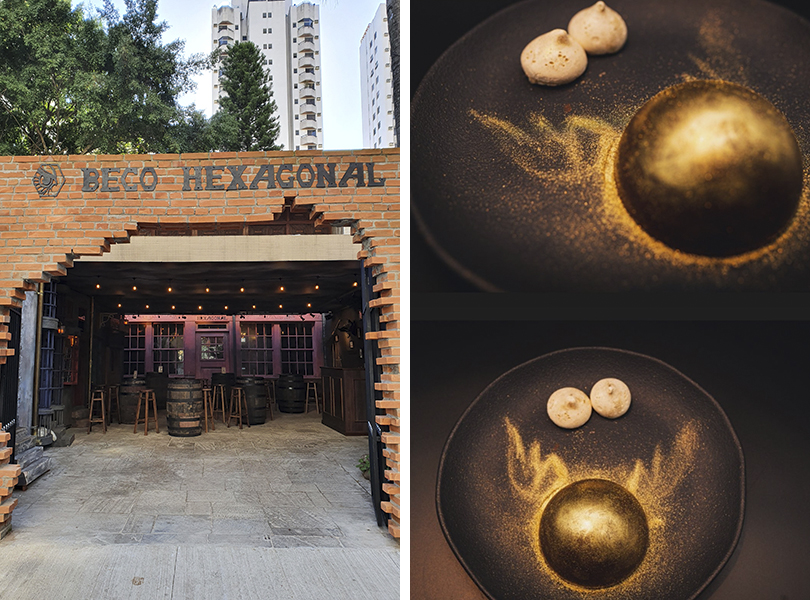 Montagem mostra, à esquerda, entrada do restaurante em Moema e, à direita, sobremesa do endereço