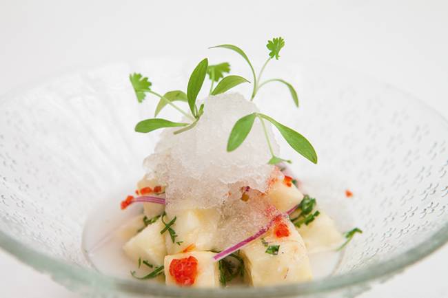 Helena Rizzo – Maní Tigela transparente com ceviche de caju coberto por nuvem e pancs.