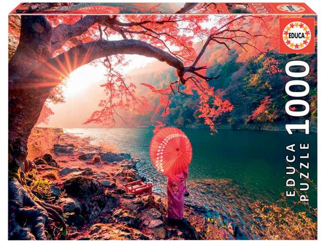 no Rio Katsura no Japão. Há flores rosas por toda imagem