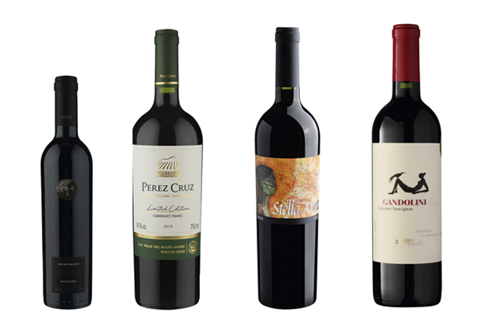 Montagem de quatro garrafas de vinhos do Vale do Maipo em fundo branco.