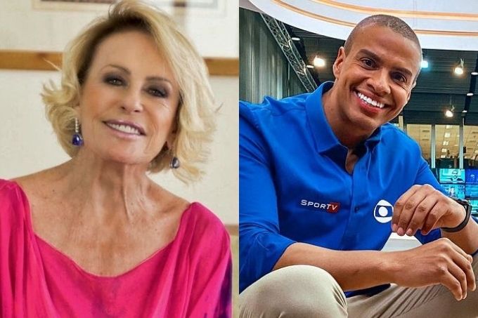 imagem dividida em duas: à esquerda, ana maria braga de blusa rosa sorrindo para a câmera e à direita thiago oliveira sorrindo sentado com roupas de apresentador da globo