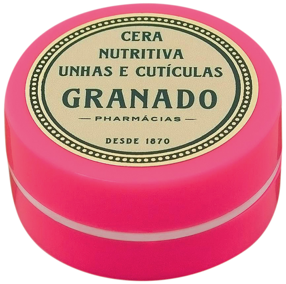 cera Granado.jpg Pacote do item Cera para unhas da Granado. É rosa com verde e bege