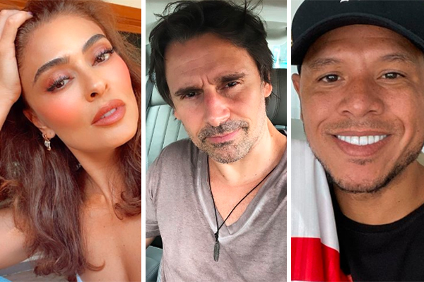 Montagem mostra, da esquerda para a direita, fotos de Juliana Paes, que aparece olhando séria em selfie, Murilo Rosa, olhando sério para a câmera em selfie e Luis Fabiano, que usa boné e sorri para a câmera, também em selfie