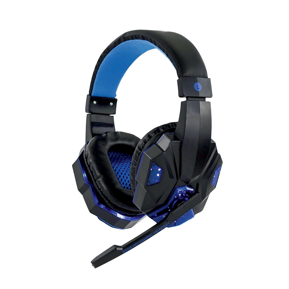 headset.jpg Um fone de ouvido modelo headset com microfone preto. Tem detalhes em azul escuro