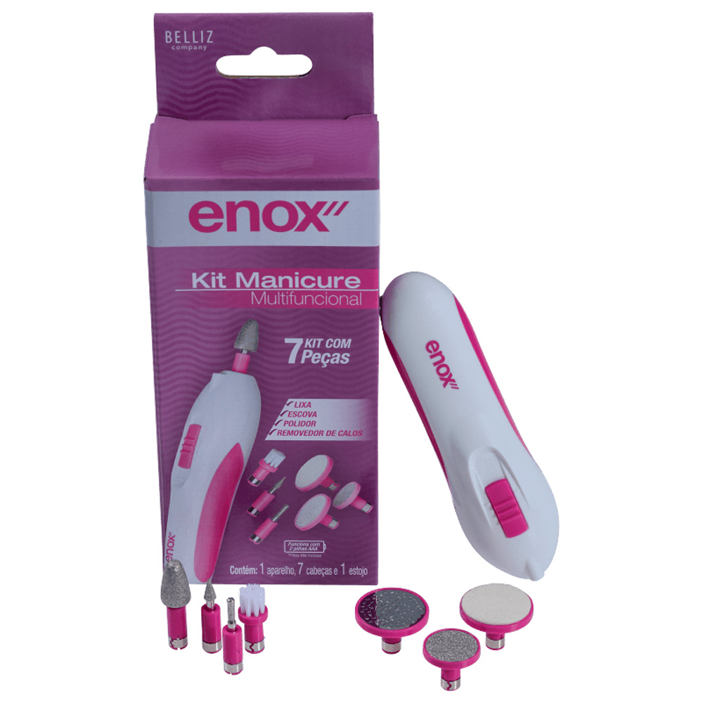 kit manicure Uma embalagem roxa em papelão, o produto (branco e rosa) e seus adaptadores (rosa)