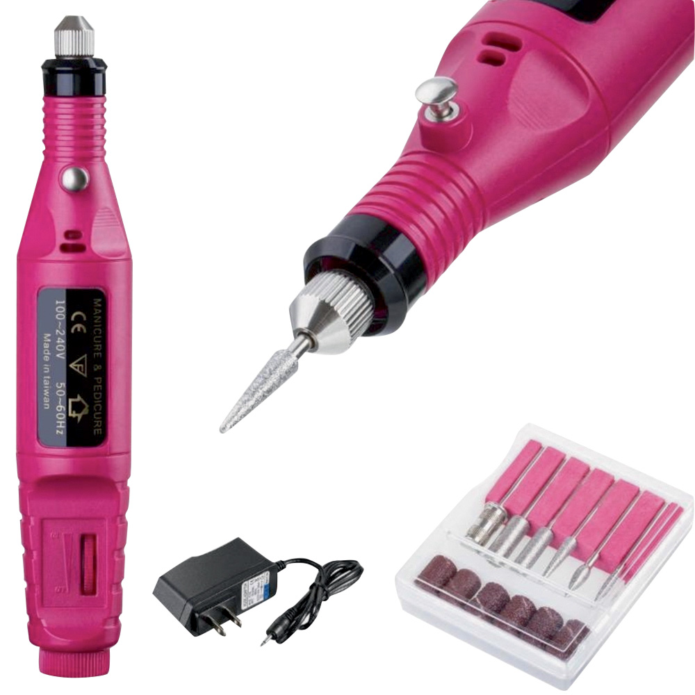 lixa elétrica.jpg Um aparelho de lixa elétrica rosa; há um adaptador de tomada e moldes para adaptar a lixa