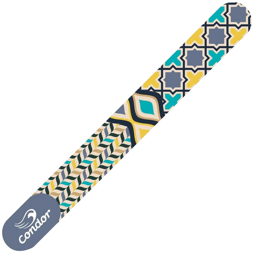 lixa.jpg Uma lixa com estampa geométrica em amarelo, azul e roxo