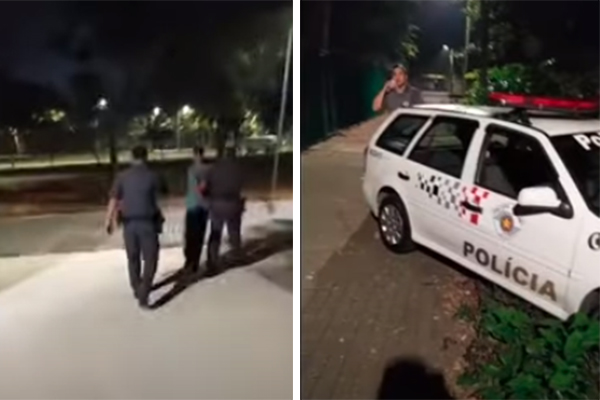 Montagem mostra, à esquerda, policiais levando Giovani algemado em calçada de rua, à noite. À direita, viatura batida em árvore, com vegetação em volta do carro, na área lateral de rua