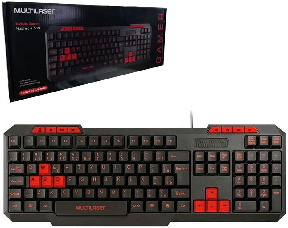 teclado gamer Teclado preto com algumas teclas destacadas em vermelho