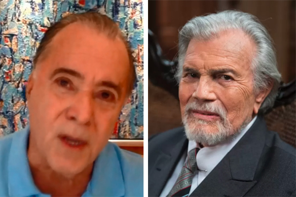 Montagem mostra, à esquerda, Tony Ramos ao vivo na GloboNews. Ele aparece na sala de casa, na frente de uma pintura. À direita, Tarcísio Meira, usando terno e olhando para a câmera