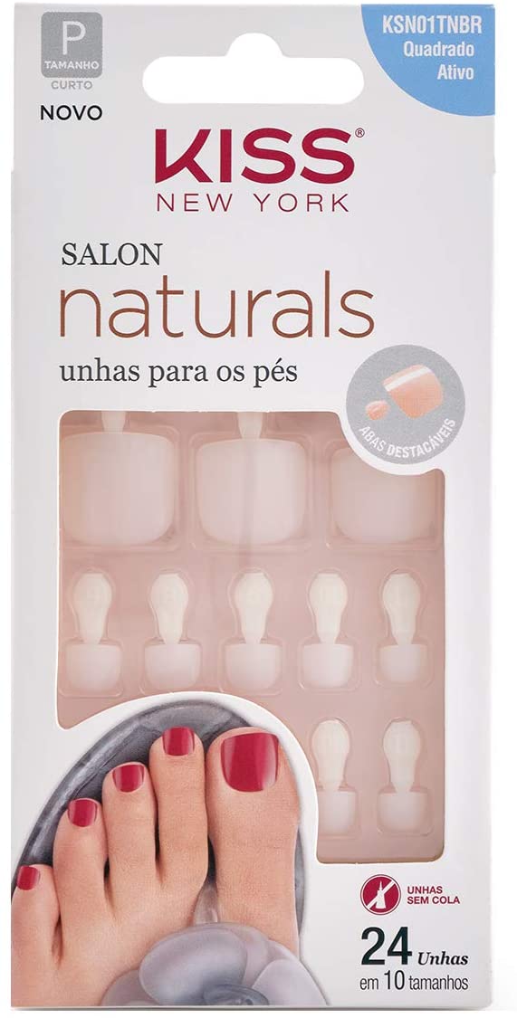 unha pés kiss Embalagem branca com as unhas para pés postiças dentro aparecendo. Elas são rosa claro