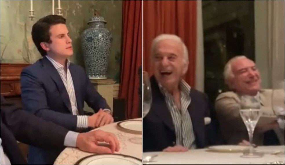 Imagem dupla: de um lado, Andre Marinho imita Bolsonaro. De outro, Michel Temer ri
