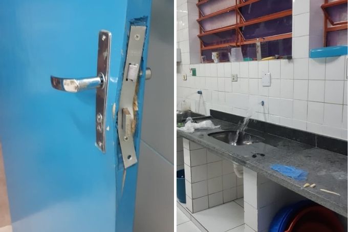 A imagem mostra uma porta arrombada e pias com água vazando da parede devido a falta da torneira.