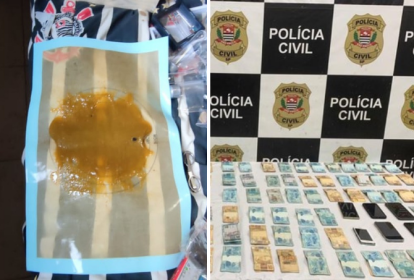 A imagem é uma montagem. À esquerda, uma foto da geleia de maconha. À direita, diversas cédulas físicas de 100 e 50 reais em cima de uma mesa. No fundo dessa mesa está escrito na parede atrás dela Polícia Civil.