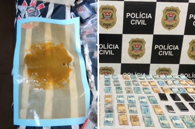 A imagem é uma montagem. À esquerda, uma foto da geleia de maconha. À direita, diversas cédulas físicas de 100 e 50 reais em cima de uma mesa. No fundo dessa mesa está escrito na parede atrás dela Polícia Civil.