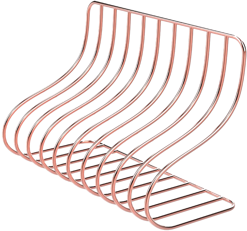 Staright porta-revista.jpg Item tem formato levemente curvado e é de metal dourado/rosé