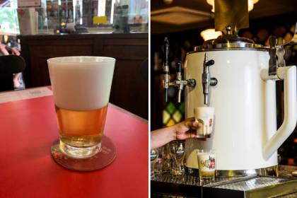 Montagem de um copo de chope do Bar L&eacute;o e, ao lado, a chopeira do mesmo estabelecimento