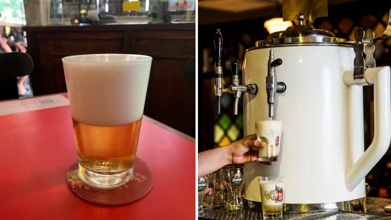 Montagem de um copo de chope do Bar Léo e, ao lado, a chopeira do mesmo estabelecimento