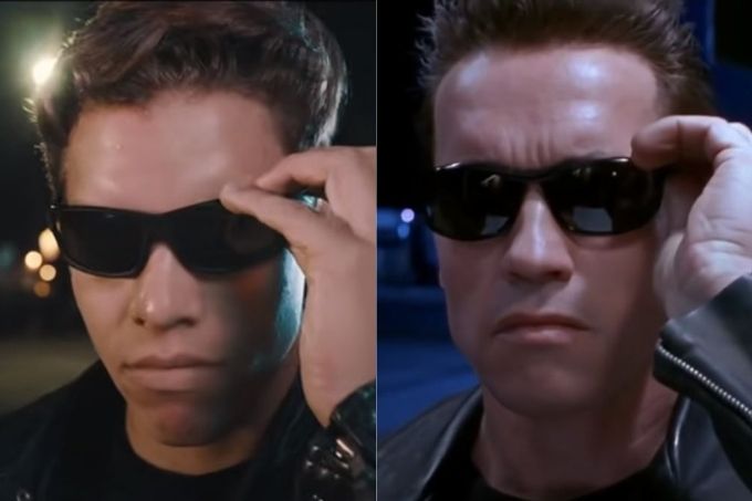 imagem dividida em duas, à esquerda, joseph baena colocando óculos escuros com cara de sério em cena recriada de "O Exterminador do Futuro 2", e à direita, arnold schwarzenegger colocando óculos escuros na cena original do filme