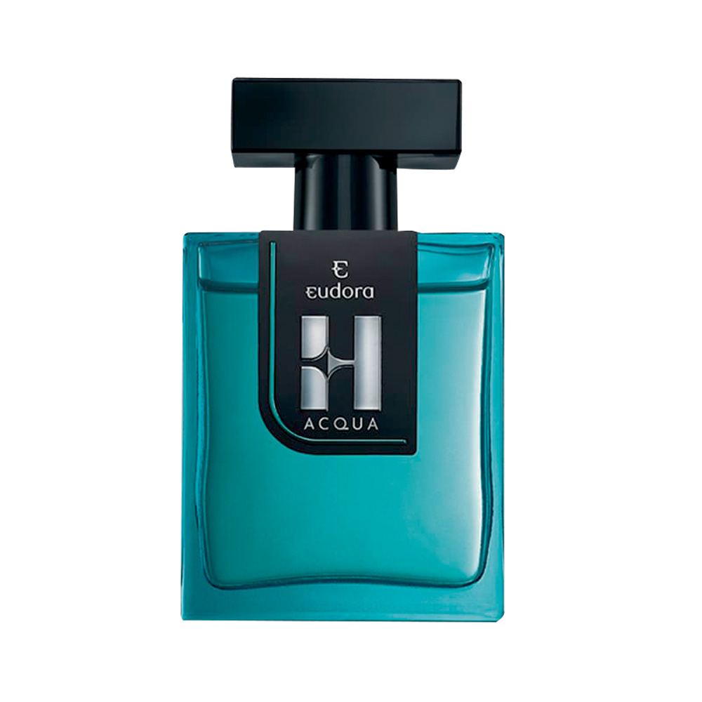 eudora.jpg Frasco de perfume de vidro com líquido azul, detalhes em preto e tampa preta
