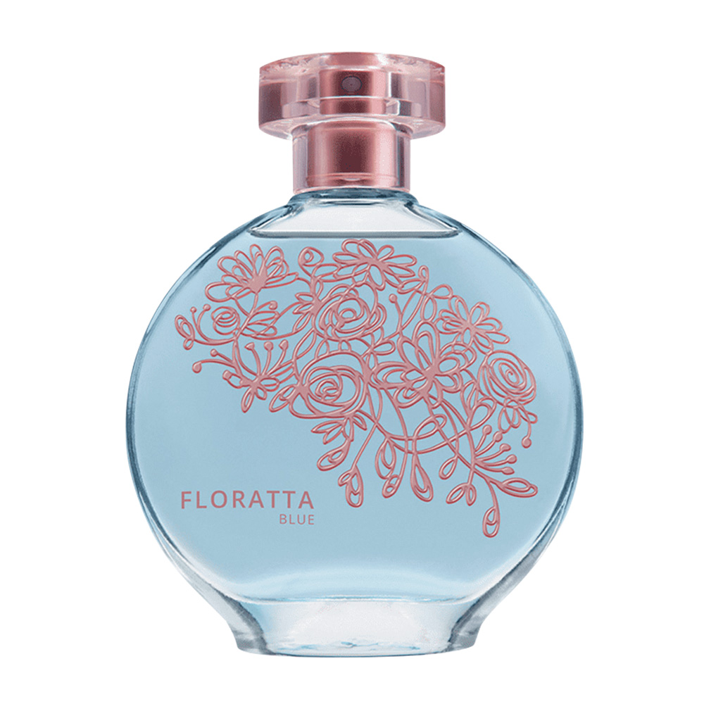 floratta Frasco de perfume de vidro transparente com líquido azul, detalhes florais em rosa e tampa rosa