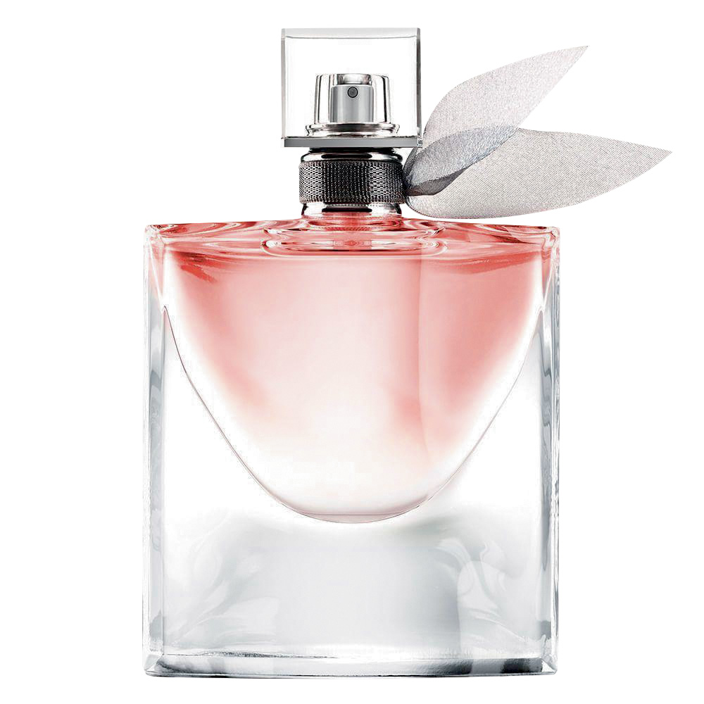 lancome op 2.jpg Frasco de perfume de vidro transparente com um detalhe rosa perto da tampa