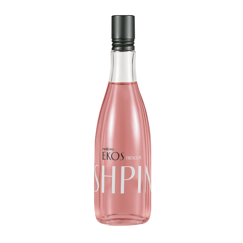 natura.jpg Frasco de perfume transparente com líquido rosa e o escrito