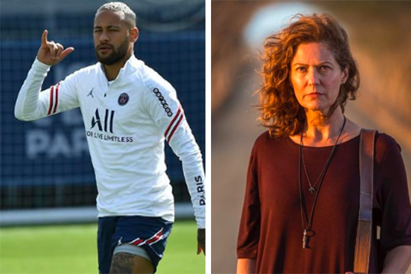 Montagem mostra, à esquerda, Neymar durante treino do PSG e, à adireita, Patrícia Pillar com semblante sério em meio a estrada