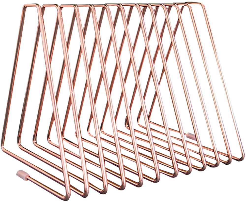 prateleira de mesa.jpg Revisteiro vazio com onze abas em metal dourado