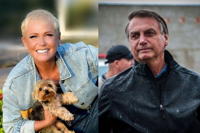 Uma montagem com a apresentadora Xuxa de um lado, sorrindo e segurando um cachorro nas mãos, e outra do presidente Jair Bolsonaro, olhando para o lado