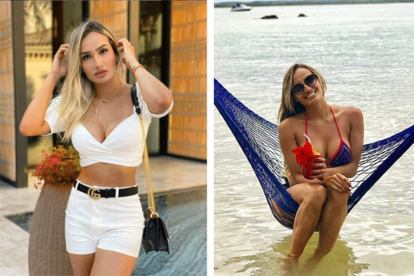 Imagem mostra duas montagens: Laís aparece em hotel, olhando para a câmera, com bolsa pendurada no ombro e Laís aparece sentada em rede, com óculos de sol e biquíni, na praia