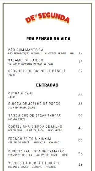 De*Segunda - Card&aacute;pio