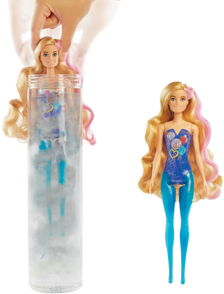 Uma Barbie com o corpo colorido em azul. H&aacute; outra Barbie dentro de um tipo de pote com l&iacute;quido