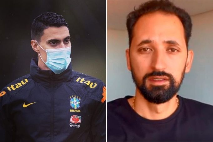 imagem dividida em duas: à esquerda, matheus bachi de máscara e olhando para o horizonte, à direita, mauricio souza olhando para a camera