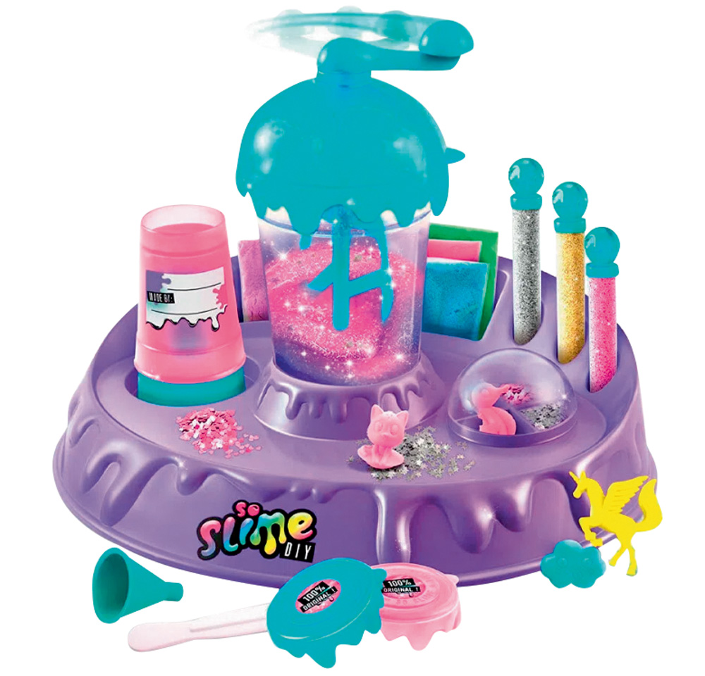 Uma estrutura roxa que suporta tubos e potes com a massa slime. Tem enfeites tamb&eacute;m