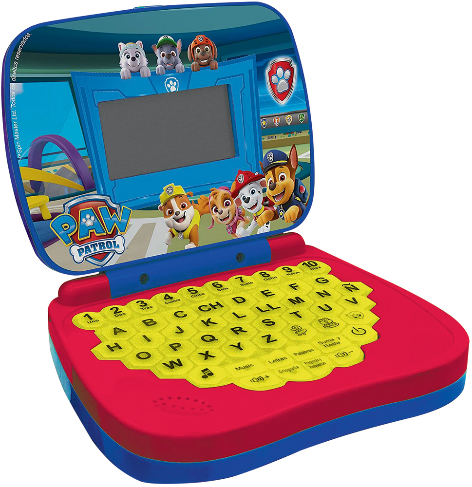 Um laptop amarelo, azul e vermelho com ilustra&ccedil;&otilde;es dos cachorros do desenho Patrulha Canina