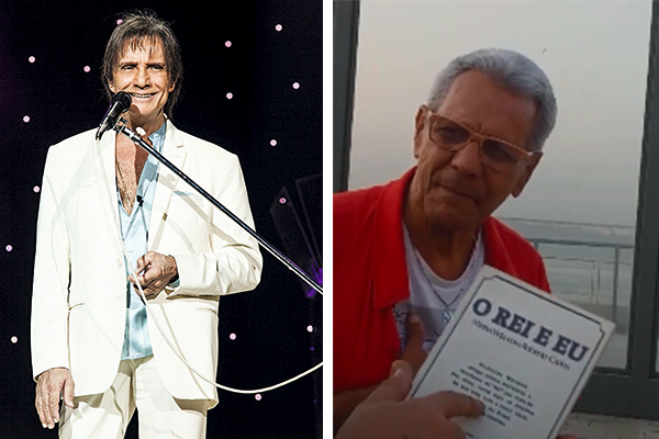 Montagem mostra, à esquerda, Roberto Carlos cantando e, à direita, Nichollas Mariano sentado em banco de praia, com exemplar do livro 'O Rei e Eu'