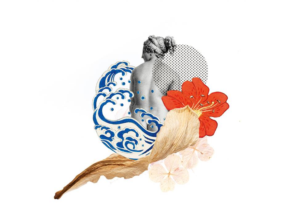 A imagem é uma colagem. Em uma parte há uma escultura de uma mulher em preto e branco, outra parte há desenhos de ondas, e outra há flores e plantas