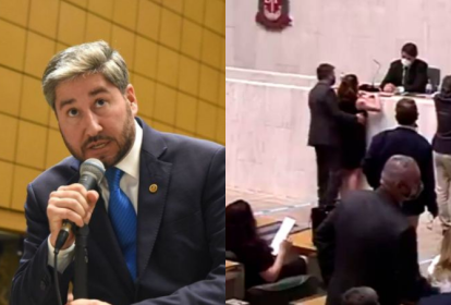 Duas imagens, uma ao lado da outra: na esquerda, um homem de terno e cabelo grisalho fala em um microfone. Na direita, um homem tocando os seios de uma mulher por trás, em meio a uma Assembleia.